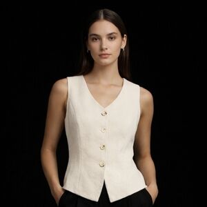 Cream White Tailored Button Front Vest Sleeveless Minimalist Blazer Top Sz.L